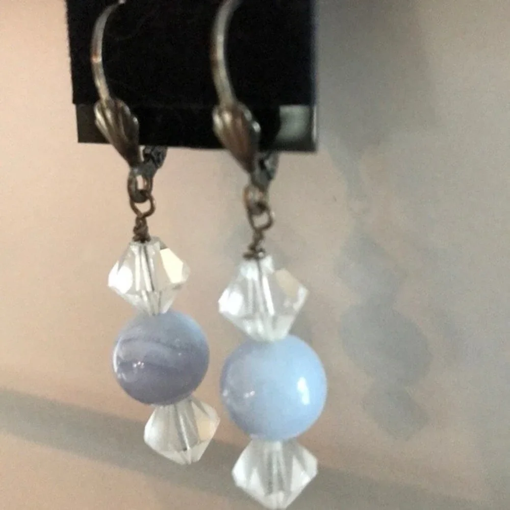 Vintage Handmade Blue Lace Agate Sterling Silver Swarovski Crystal Drop Earrings